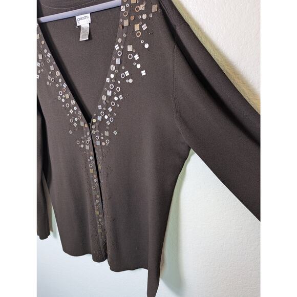 Chico's Metal Bead Detail Brown Knit Open Cardigan Women Size 3 XL Office Artsy - Picture 3 of 9